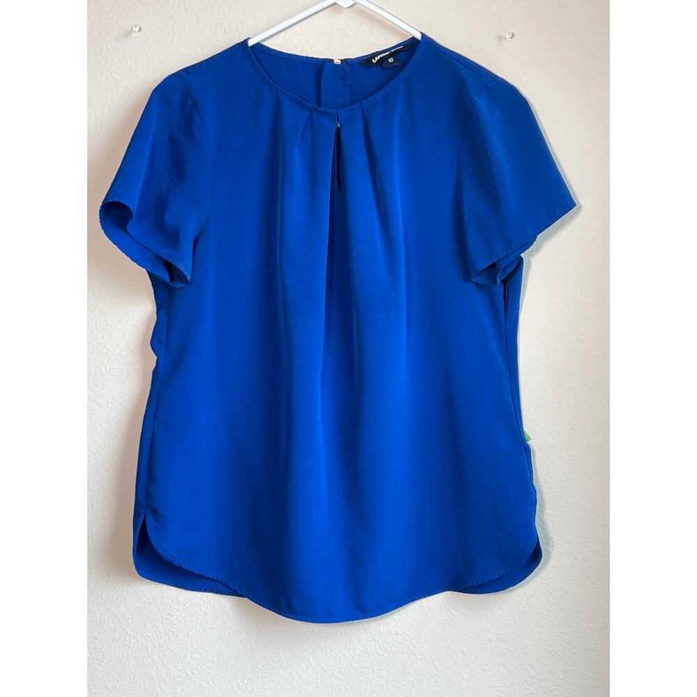 Lands' End Women's Royal Blue Pleated Neck Short Sleeve Blouse - Size 10